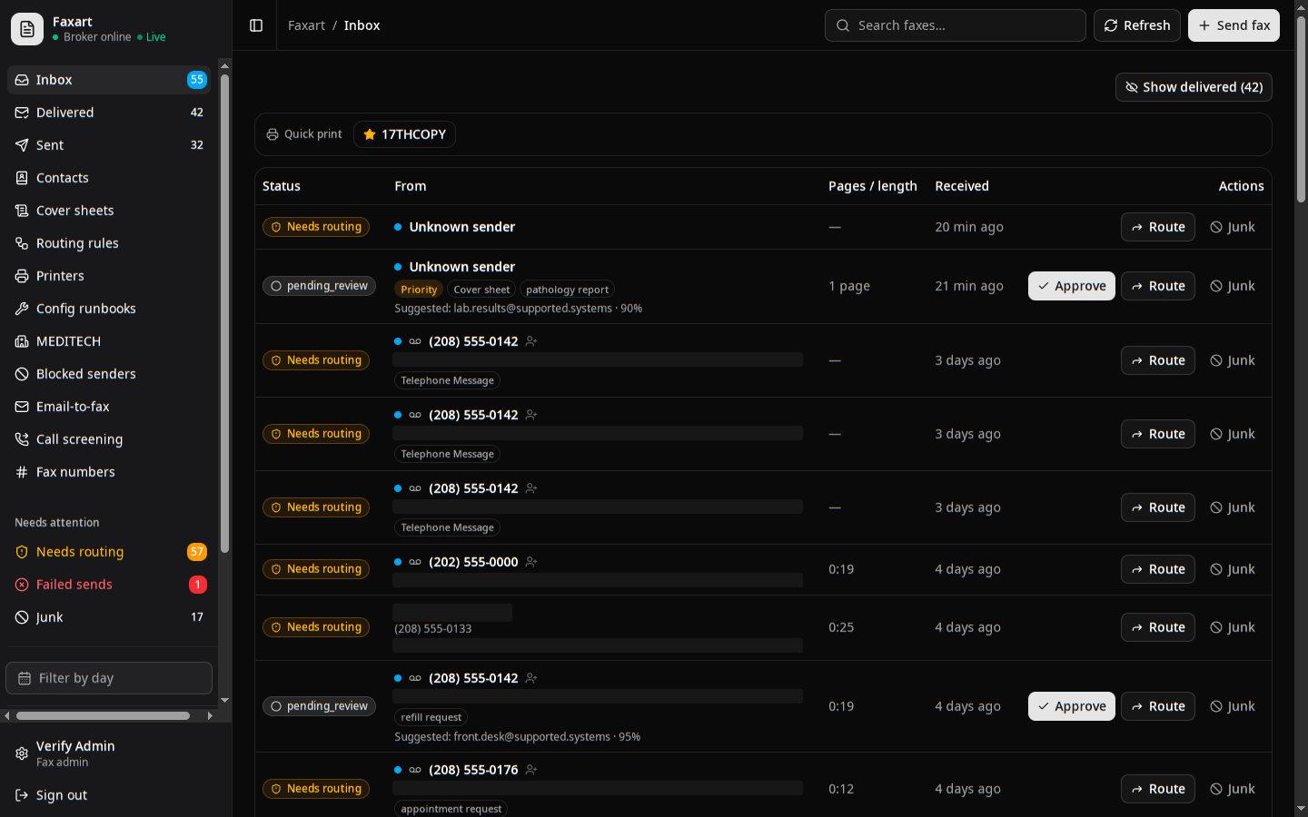 The Faxart inbox with faxes and voicemails side by side, each classified and ready to route