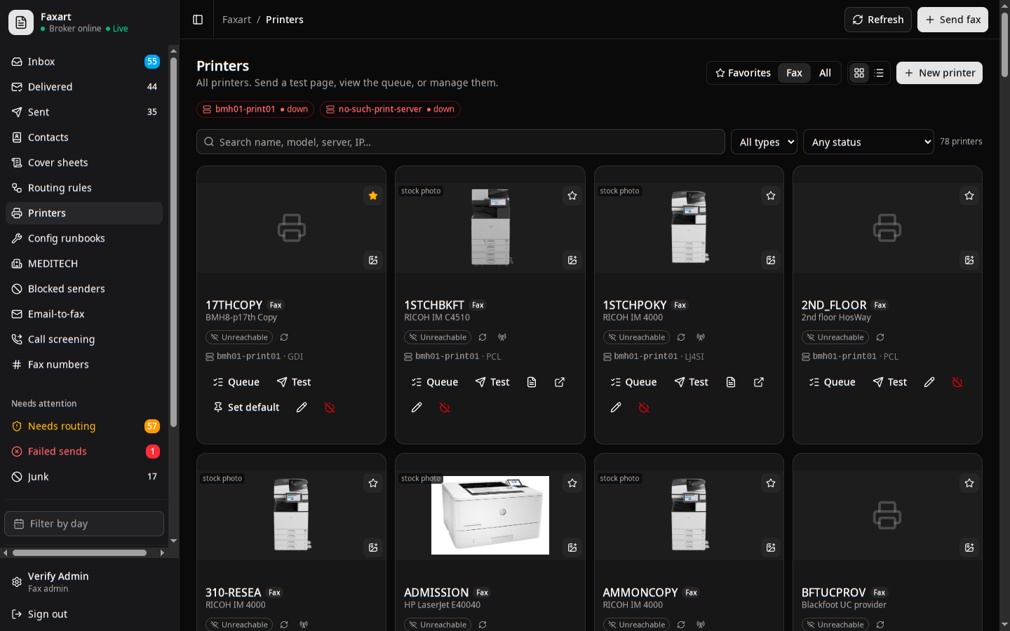 The Faxart printers view with the device fleet, status, and favorites