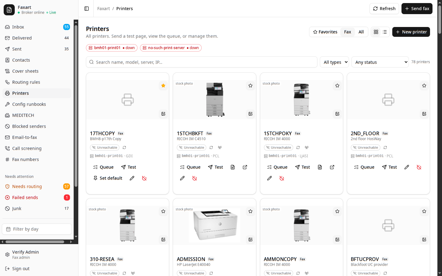 The Faxart printers view with the device fleet, status, and favorites