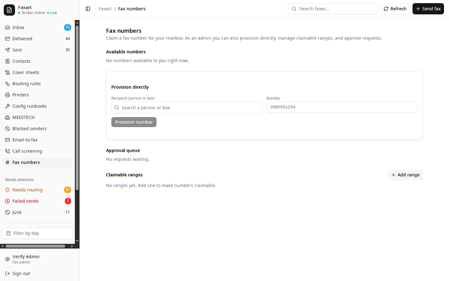 The Faxart fax-numbers page with available numbers, provisioning, and ranges