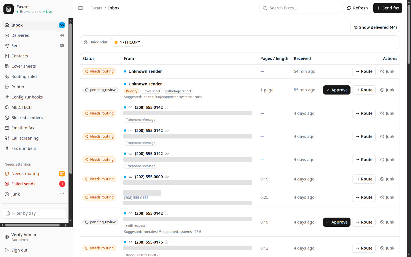 The Faxart inbox with each item classified on-prem: document type, priority, junk