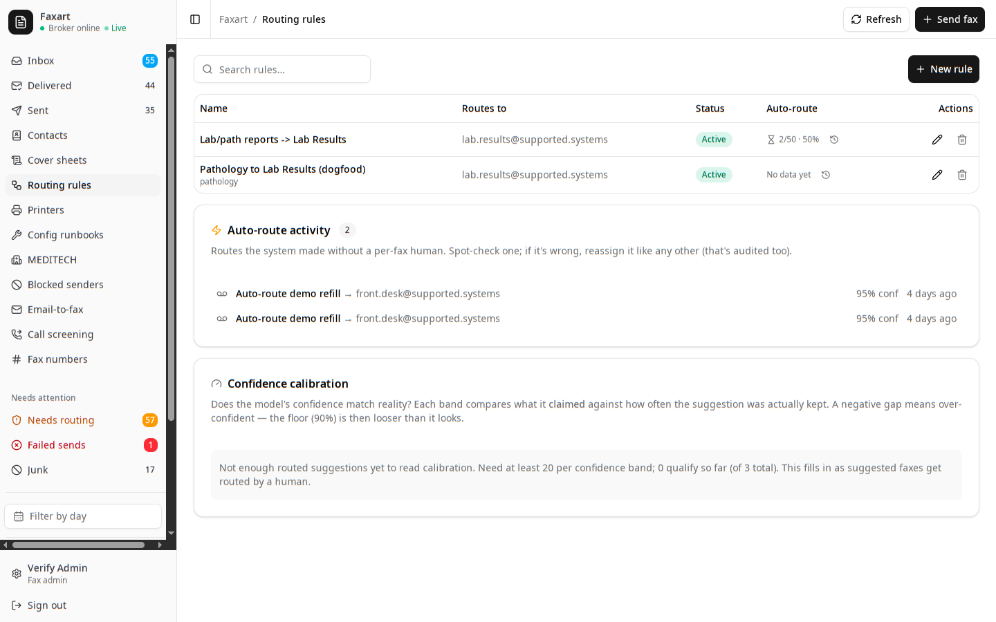 The Faxart routing-rules page with plain-English rules and auto-route trust progress