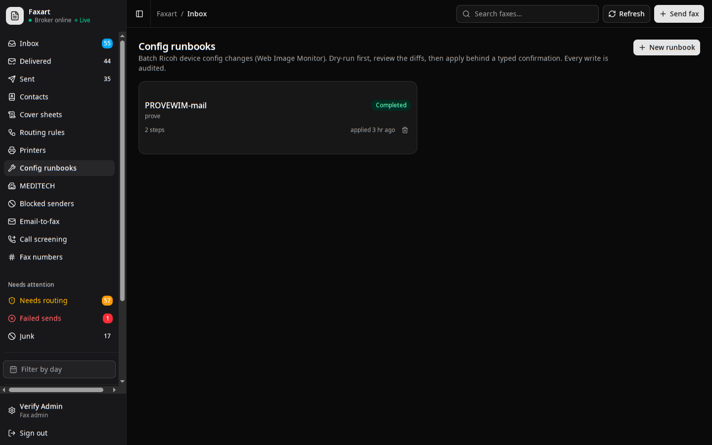 The Faxart config-runbooks view with a planned and applied device-config batch