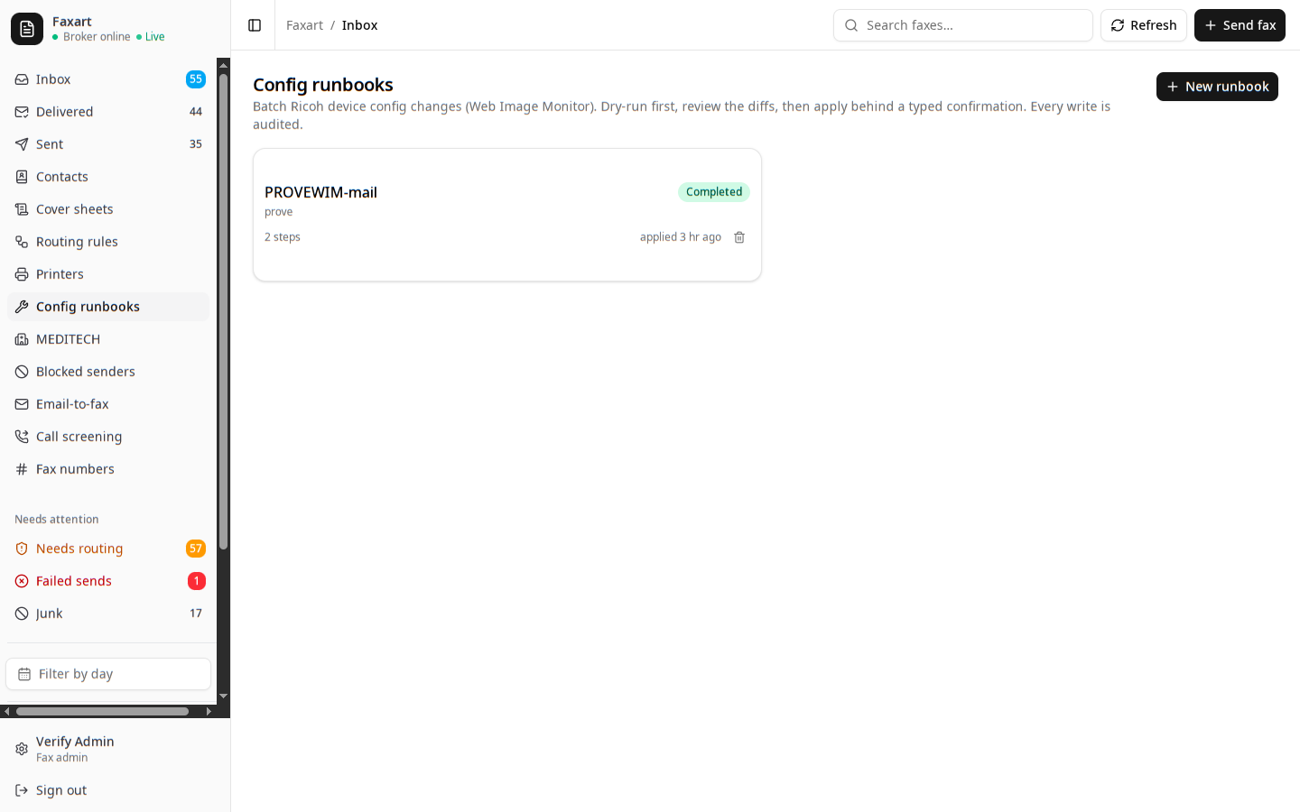 The Faxart config-runbooks view with a planned and applied device-config batch