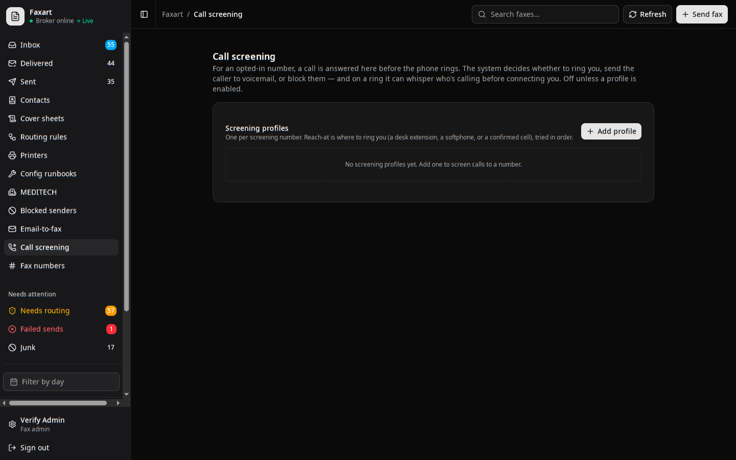 The Faxart call-screening settings