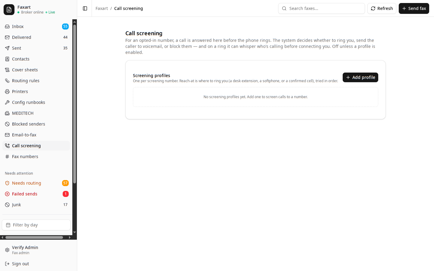 The Faxart call-screening settings