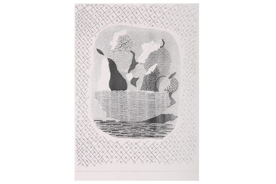 David Hockney, a still life of fruit in a basket rendered in cross-hatched fax dots