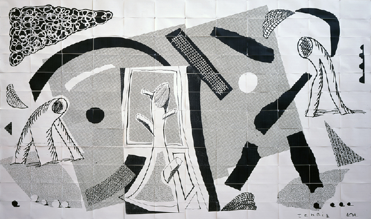 David Hockney, “Tennis”, an artwork assembled from many taped-together fax sheets, 1989