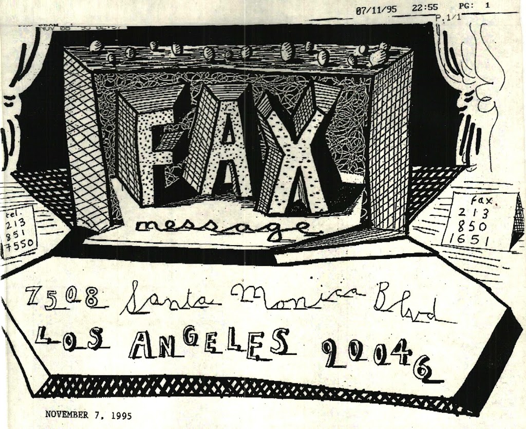 David Hockney, a hand-drawn “FAX message” cover sheet with elaborate 3D lettering, transmitted by fax in 1995